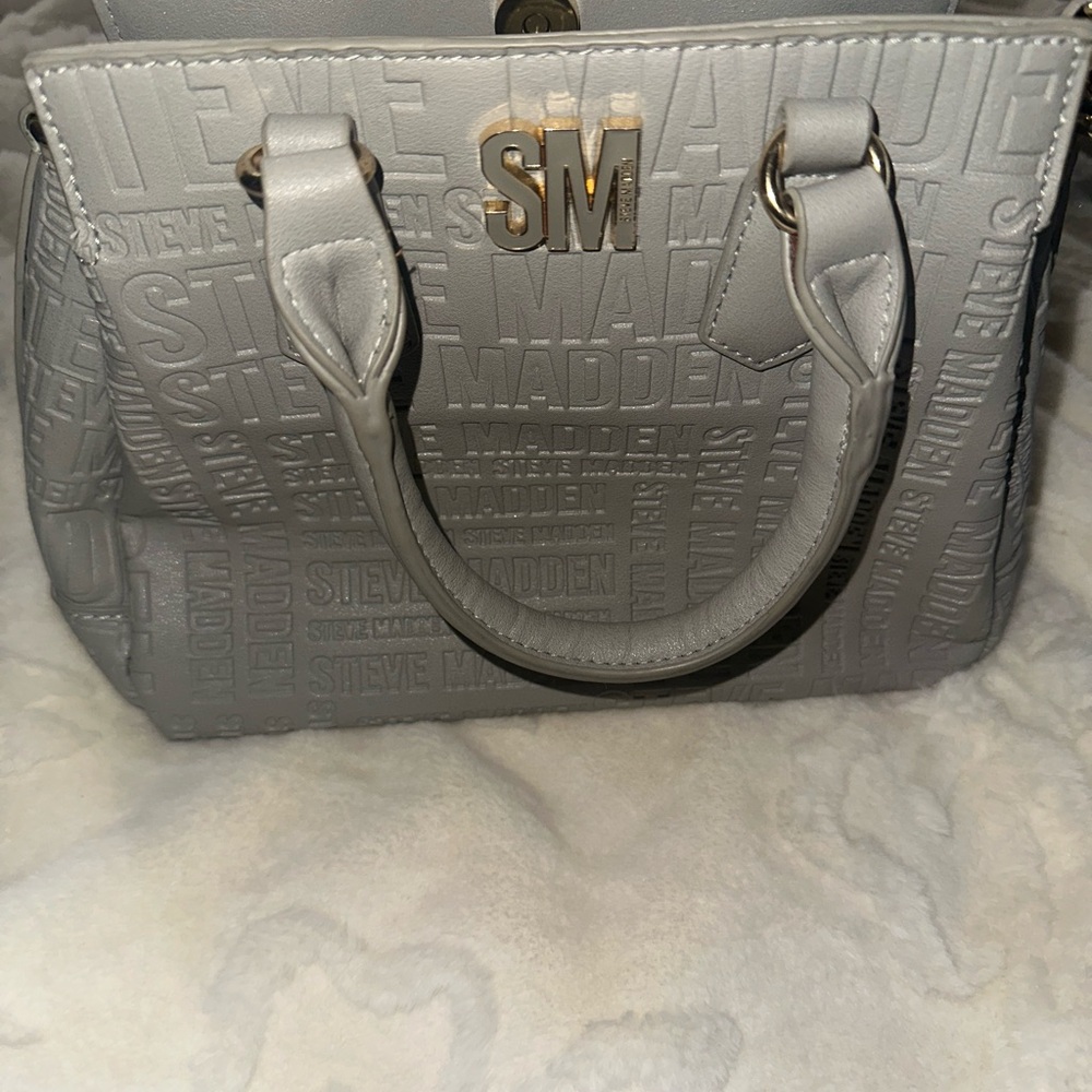 Steve Madden Grayish- Green Embossed Logo Satchel